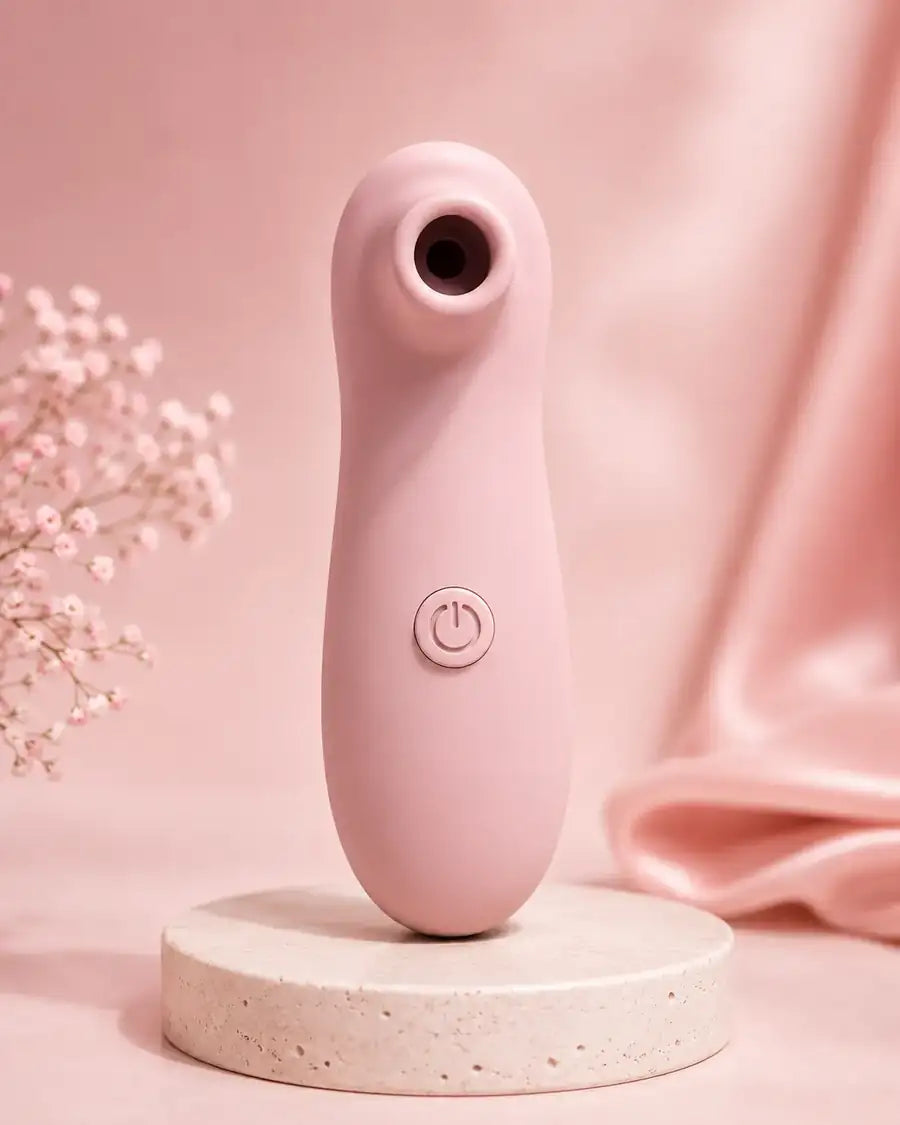 L'Essentielle rose posée sur un socle en pierre, fond rose poudré