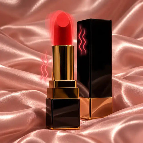 Le Rouge, mini vibromasseur au design de rouge à lèvres noir et or, posé sur un drap satiné rose